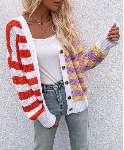 Women's Long Sleeve Stripe Knit Cardigan Sweaters Open Front Outwear in Saudi Arabia
