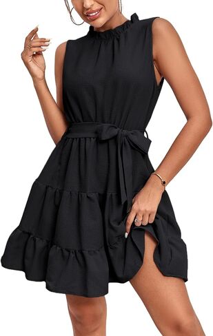 Umenlele Women's Ruched Trim Crewneck Sleeveless Tie Knot High Waist Ruffle Layered Short Dress in Kuwait