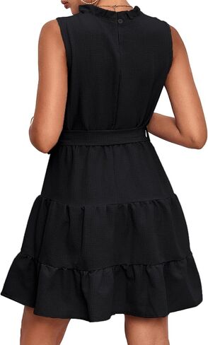 Umenlele Women's Ruched Trim Crewneck Sleeveless Tie Knot High Waist Ruffle Layered Short Dress in Kuwait