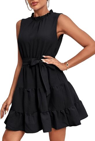 Umenlele Women's Ruched Trim Crewneck Sleeveless Tie Knot High Waist Ruffle Layered Short Dress in Kuwait