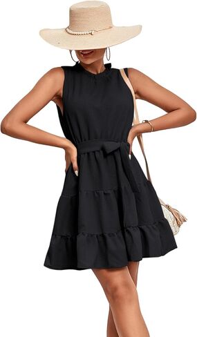 Umenlele Women's Ruched Trim Crewneck Sleeveless Tie Knot High Waist Ruffle Layered Short Dress in Kuwait