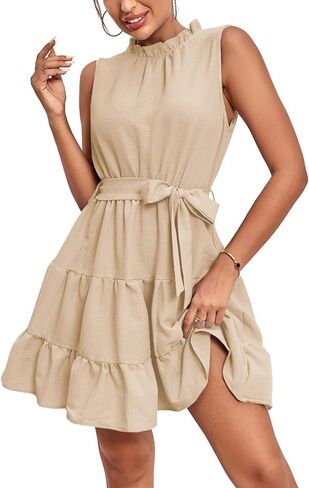 Umenlele Women's Ruched Trim Crewneck Sleeveless Tie Knot High Waist Ruffle Layered Short Dress in Kuwait