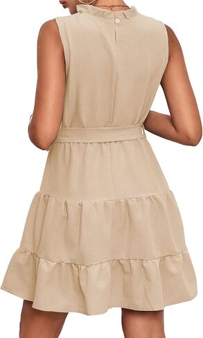 Umenlele Women's Ruched Trim Crewneck Sleeveless Tie Knot High Waist Ruffle Layered Short Dress in Kuwait