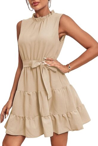 Umenlele Women's Ruched Trim Crewneck Sleeveless Tie Knot High Waist Ruffle Layered Short Dress in Kuwait