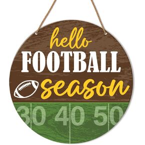 Football Sign for Front Door Decor Fall Football Decor for Home Porch Office Boys Bedroom Sport Football Wooden Hanging Sign Wall Decorations, Hello Football Season