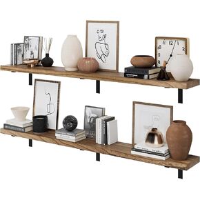 Wallniture Cervo 72"x9.5" Floating Shelves for Wall, Living Room Wall Book Shelf, Floating Shelf with Metal Heavy Duty Brackets, Wall Shelf for Kitchen, Wood Wall Shelves, Burnt Set of 2