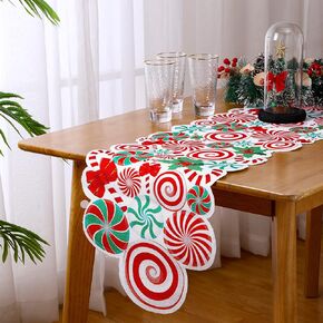 Christmas Plaid Ball Table Runner Poinsettia Table Runner Candy Table Mats Checkered Centerpiece Runner for Kitchen Table Ornament Home Decor Mat Christmas Party Decoration, 71 x 14 Inch (Candy)