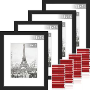 PASOW 11x14 Picture Frame Set of 3 - Display Pictures 8x10 with Mat or 11x14 Without Mat - Black Photo Frames for Wall Mounting
