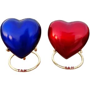 Set of 2 Red and Blue Heart Keepsake Mini Heart Cremation Urn with Brass Stand - for Your Loved One & Human Ashes & Perfect Heart Urn for Gift
