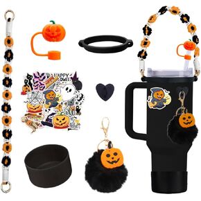 (6+25) Pcs Halloween Stanley Cup Accessories 30&40 Oz Tumbler,Personalized Charm Including Straw Cover,Handle rope,Halloween stickers,cup ring,plush pendant,Silicone Boot,Heart Buttons(Pumpkin)