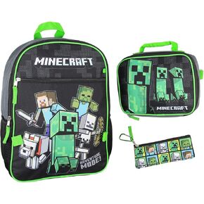 Bioworld Minecraft Backpack Set with Detachable Lunch Box 16" 4 Piece Set (Multi, One Size)
