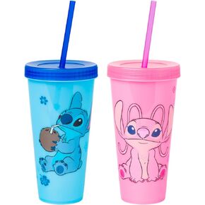 Silver Buffalo Disney Lilo and Stitch Angel Coconut Flowers 2 Pack Color Change Plastic Tumbler, 24-Ounce