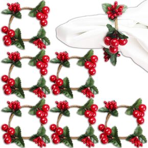 Christmas Napkin Rings Set of 12 or 6, Handmade Red Berry Thanksgiving Napkin Rings Dinnerware Set Napkin Holders for Cloth Napkins Table Decorations for Wedding New Year Birthday(12PCS)