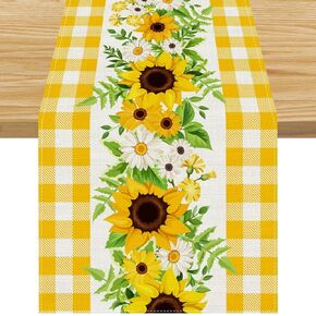 Linen Sunflower Table Runner Farmhouse Sunshine 72 Inches Long Farmhouse Spring Summer Autumn Fall Home Kitchen Dinging Room Table Decoration 13x72 Inch