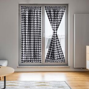 French Door Curtains Buffalo Plaid Curtains for Front Door Glass Door Classic Farmhouse Sheer Door Window Curtain Panels with Tieback, 54" x 72", 2 Pack, Black White Grid