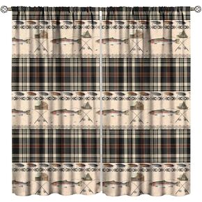 Fishing Curtains Vintage Rustic Cabin Rods Lure Southwestern Check Angle Art Printed Window Drapes for Bedroom Living Room Decor Fabric 2 Panel W21xL45in