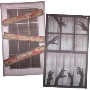 Needzo Scary Halloween Window Decorations, Creepy Curtains Home Accessory, 30.75 x 18.25 Inches, One of Each Style