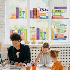 PLIGREAT 6 Sheets Cute Book Window Cling Stickers, Learning Reading Corner Window Stickers Removable Window Decals for Study Classroom Home Library Bedroom Window Decoration Sliding Glass Door Decor
