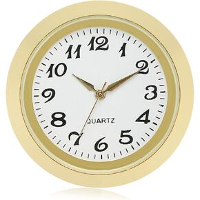 ShoppeWatch Mini Clock Insert Quartz Movement Round 1 7/16" (35mm) Miniature Clock Fit Up White Dial Gold Tone Bezel Arabic Numerals CK094GD