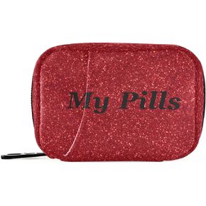 Red Glitter Pill Medicine Organizer Case for Purse 7 Day Travel Pill Box Bag with Zipper Portable Weekly Vitamin Supplement Holder