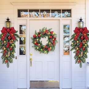 Dingion 3 Pcs Pre Lit Christmas Door Decoration Set Include Christmas Wreath and 24Inch Swag with Light for Front Door Christmas Red Berry Pine Cone Garland for Xmas Party Indoors Outdoors Home Decor