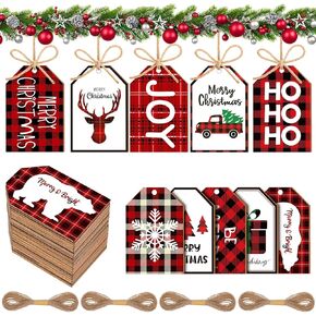 Blulu 60 Pcs Christmas Buffalo Plaid Wooden Tag Labels Christmas Tree Checkered Ornaments Rustic Christmas Wishes Holiday Tags Craft Label with Jute Ropes for Christmas Decoration, 3 x 2 Inch(Red)