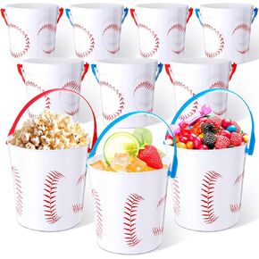 Mifoci Baseball Small Plastic Bucket with Handles 34 oz Versatile Baseball Treat Bucket Baseball Ice Bucket Bulk for Wine Beverage Baseball Party Bar Alcohol Beer Snack Drink Pail Gifts(20 Pcs)