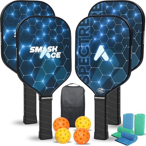 USAPA Approved SmashAce Pickleball Paddles Set of 4 - Fiberglass Surface Pickle Ball Set Including 4 Paddles, 4 Balls, 4 Cooling Towels & Portable Carry Bag - Perfect Pickleball Gift for Men & Women in Saudi Arabia