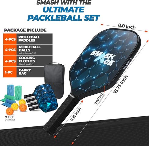 USAPA Approved SmashAce Pickleball Paddles Set of 4 - Fiberglass Surface Pickle Ball Set Including 4 Paddles, 4 Balls, 4 Cooling Towels & Portable Carry Bag - Perfect Pickleball Gift for Men & Women in Saudi Arabia