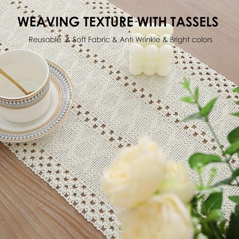 Boho Table Runner 48 Inches Long for Fall Home Decor Farmhouse Rustic Table Runner Beige Macrame Table Decoration with Tassels Made of Cotton Linen for Spring Living Room Bridal Shower (12x48) in Saudi Arabia