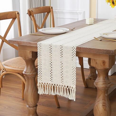 Boho Table Runner 48 Inches Long for Fall Home Decor Farmhouse Rustic Table Runner Beige Macrame Table Decoration with Tassels Made of Cotton Linen for Spring Living Room Bridal Shower (12x48) in Saudi Arabia