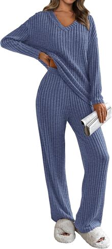 PRETTYGARDEN Women's 2 Piece Lounge Sets Ribbed Knit Long Sleeve V Neck Pullover Tops Wide Leg Pants Fall Winter Outfits in Saudi Arabia