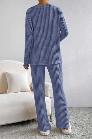 PRETTYGARDEN Women's 2 Piece Lounge Sets Ribbed Knit Long Sleeve V Neck Pullover Tops Wide Leg Pants Fall Winter Outfits in Saudi Arabia