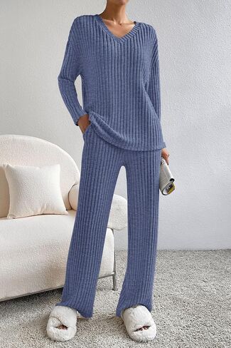 PRETTYGARDEN Women's 2 Piece Lounge Sets Ribbed Knit Long Sleeve V Neck Pullover Tops Wide Leg Pants Fall Winter Outfits in Saudi Arabia
