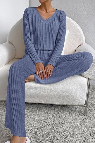 PRETTYGARDEN Women's 2 Piece Lounge Sets Ribbed Knit Long Sleeve V Neck Pullover Tops Wide Leg Pants Fall Winter Outfits in Saudi Arabia