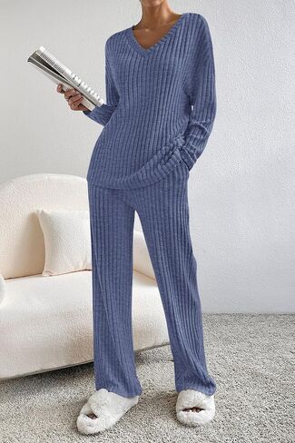PRETTYGARDEN Women's 2 Piece Lounge Sets Ribbed Knit Long Sleeve V Neck Pullover Tops Wide Leg Pants Fall Winter Outfits in Saudi Arabia