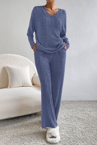 PRETTYGARDEN Women's 2 Piece Lounge Sets Ribbed Knit Long Sleeve V Neck Pullover Tops Wide Leg Pants Fall Winter Outfits in Saudi Arabia