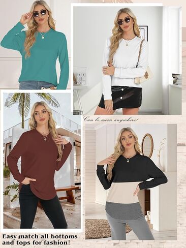AURUZA البلوز للنساء الصوف طويلة الأكمام Crewneck البلوز المرأة السببية فضفاضة تناسب البلوز تونك ملابس الخريف in Saudi Arabia