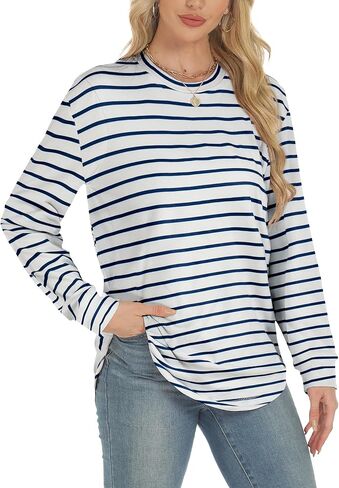 AURUZA البلوز للنساء الصوف طويلة الأكمام Crewneck البلوز المرأة السببية فضفاضة تناسب البلوز تونك ملابس الخريف in Saudi Arabia