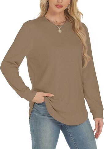 AURUZA البلوز للنساء الصوف طويلة الأكمام Crewneck البلوز المرأة السببية فضفاضة تناسب البلوز تونك ملابس الخريف in Saudi Arabia