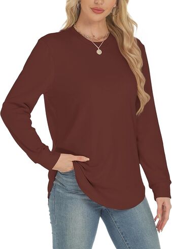 AURUZA البلوز للنساء الصوف طويلة الأكمام Crewneck البلوز المرأة السببية فضفاضة تناسب البلوز تونك ملابس الخريف in Kuwait