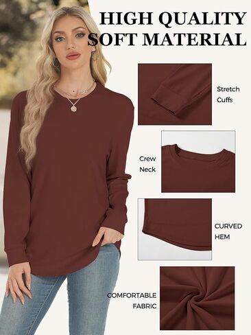 AURUZA البلوز للنساء الصوف طويلة الأكمام Crewneck البلوز المرأة السببية فضفاضة تناسب البلوز تونك ملابس الخريف in Kuwait