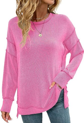 levaca Womens Long Sleeve Tops Ribbed Loose Fit Oversized Sweatshirts with Side Slit High Low Hem Fall Outfits 2024 in Kuwait