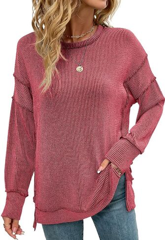 levaca Womens Long Sleeve Tops Ribbed Loose Fit Oversized Sweatshirts with Side Slit High Low Hem Fall Outfits 2024 in Kuwait