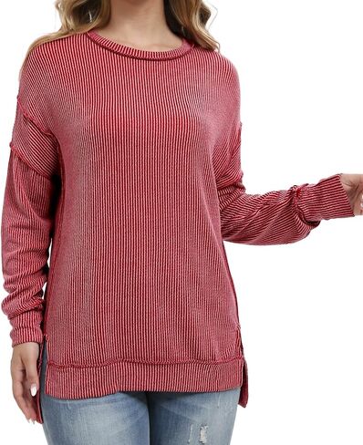 levaca Womens Long Sleeve Tops Ribbed Loose Fit Oversized Sweatshirts with Side Slit High Low Hem Fall Outfits 2024 in Kuwait