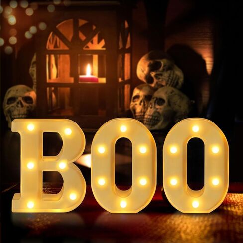 ديكورات الهالوين في الأماكن المغلقة - 3 مصابيح LED سرادق تضيء الحروف "BOO" لافتة ديكور الهالوين للمنزل والمطبخ والمدفأة وديكور الحفلات in Saudi Arabia