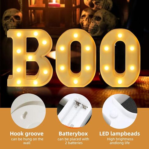 ديكورات الهالوين في الأماكن المغلقة - 3 مصابيح LED سرادق تضيء الحروف "BOO" لافتة ديكور الهالوين للمنزل والمطبخ والمدفأة وديكور الحفلات in Saudi Arabia
