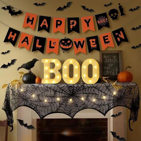 ديكورات الهالوين في الأماكن المغلقة - 3 مصابيح LED سرادق تضيء الحروف "BOO" لافتة ديكور الهالوين للمنزل والمطبخ والمدفأة وديكور الحفلات in Saudi Arabia