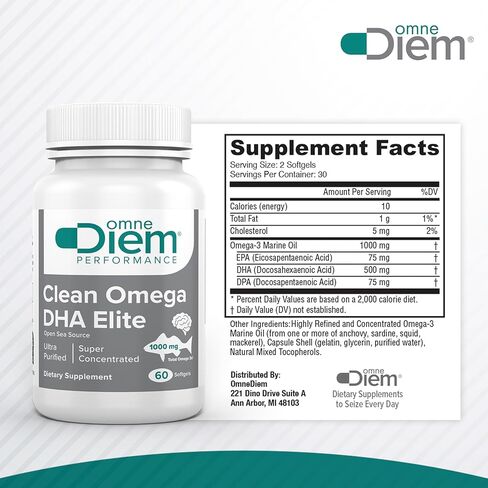 كبسولات هلامية Omne Diem Clean Omega DHA Elite - مكملات فيتامين زيت السمك أوميغا 3 فائقة التركيز مع DHA لصحة الدماغ ودعم المفاصل والأداء الرياضي - 1000 مجم - 60 كبسولة هلامية in Saudi Arabia