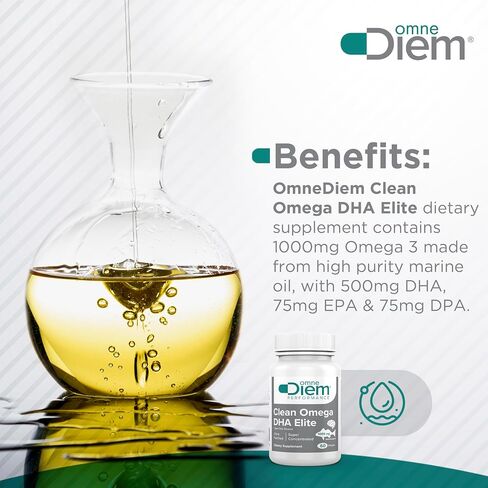 كبسولات هلامية Omne Diem Clean Omega DHA Elite - مكملات فيتامين زيت السمك أوميغا 3 فائقة التركيز مع DHA لصحة الدماغ ودعم المفاصل والأداء الرياضي - 1000 مجم - 60 كبسولة هلامية in Saudi Arabia